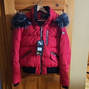 The Sak Women's Red Puffer Jacket with Faux Fur